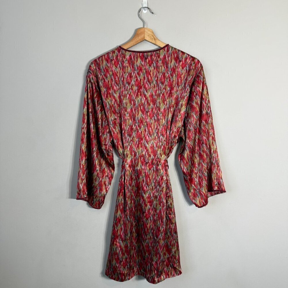 Vintage Oscar de la Renta Pink Label Printed Satin Robe Women's Large Red Belted - Picture 3 of 12
